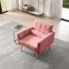 Upholstered Modern Biscuit Tufted Accent Chair Teddy Fabric Armchair with Comfy Backrest and Waist Pillow, Gold Metal Legs Sleek Plating Trim on Seat,
